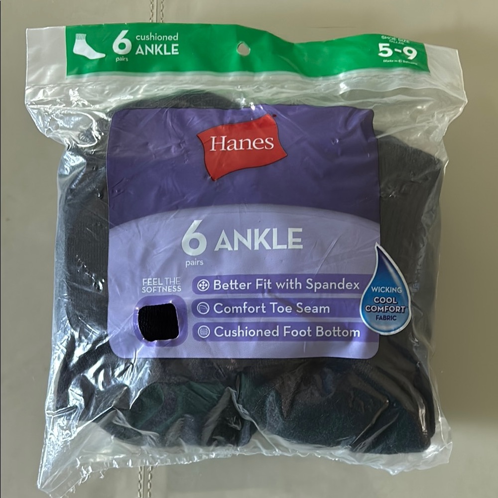 Hanes Men's Cushioned Ankle Socks - 6 Pairs Black